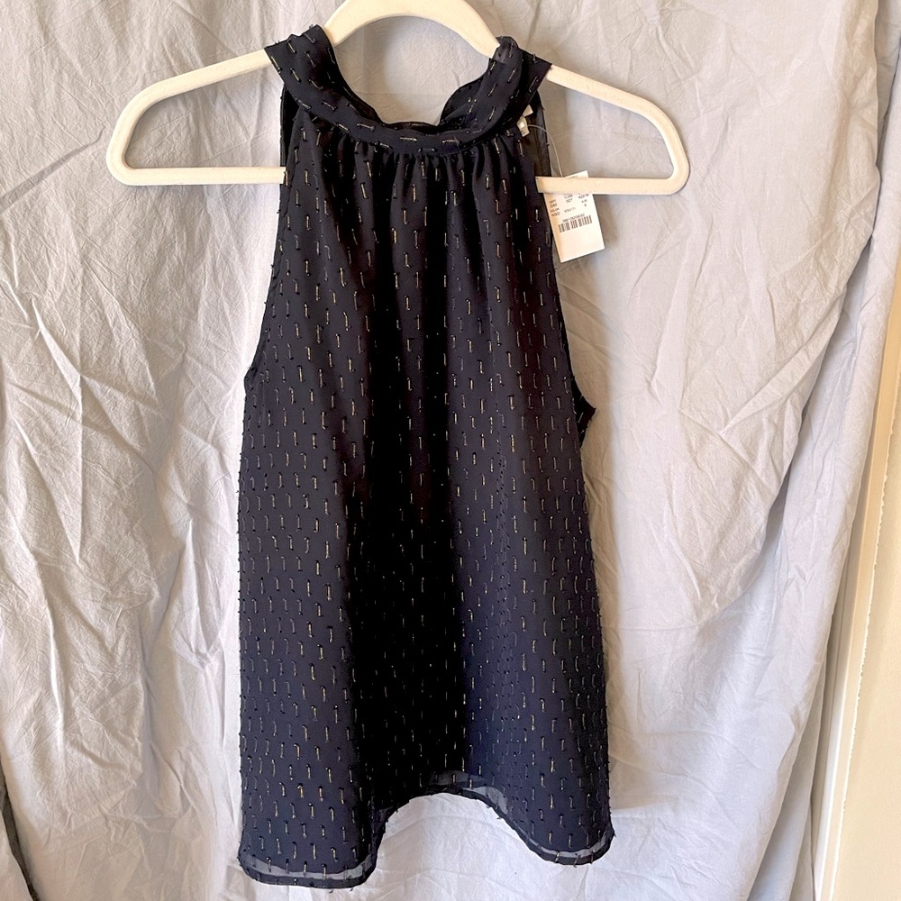 J. Crew Dark Navy Halter Top with Sparkling Gold Detail and Tie-Back